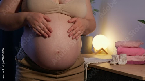 Pregnant woman make heart shape with hands and feel love for unborn baby in belly. Awaiting for baby. Concept of maternity and pregnancy care