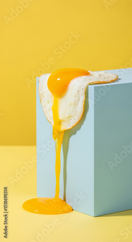 Fried Egg Yolk Dripping Over Light Blue Cube on Yellow Background