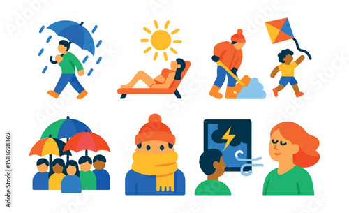 Flat vector icons of weather-based human activity: walking in rain, sunbathing, snow shoveling, kite flying, umbrella crowd, bundled in scarf, watching thunderstorm, enjoying breeze.