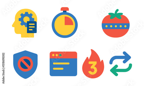Flat vector icons of focus and productivity modes: deep work icon, focus session timer, do not disturb toggle, Pomodoro badge, distraction blocker shield, minimal interface mode, productivity streak