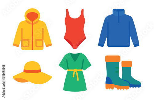 Flat vector icons of seasonal wear: rain jacket, swimsuit, winter coat, fleece pullover, thermal socks, sun hat, beach cover-up, snow boots.