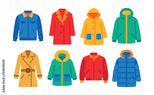 Flat vector icons of outerwear: jacket, coat, raincoat, windbreaker, trench coat, parka, bomber jacket, puffer coat.