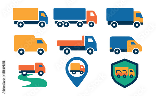Flat vector icons of trucks and road transport: cargo truck, semi-trailer, small delivery van, open bed truck, truck route, side view of lorry, GPS truck icon, fleet badge.