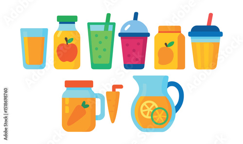 Flat vector icons of juices and smoothies: orange juice glass, apple juice bottle, green smoothie, berry smoothie cup, mango juice box, carrot juice jar, citrus blend pitcher, tropical mix cup.