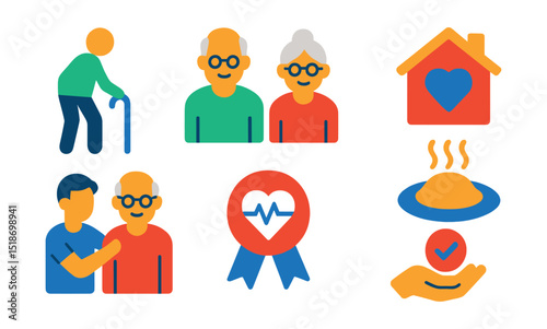 Flat vector icons of elderly care and support: elder with cane, elderly couple, care home icon, hot meal plate, volunteer visit, senior health icon, dignity badge, elder rights symbol.
