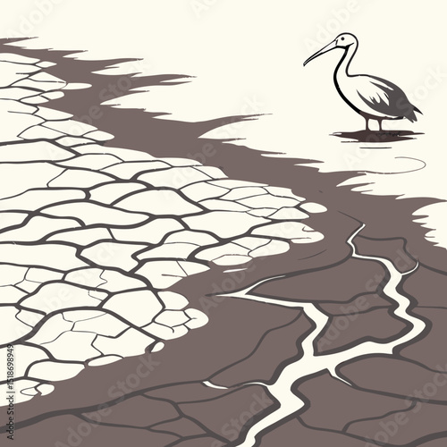A lone ibis stands alone on cracked dry ground, symbolizing drought and climate change [with copy space]