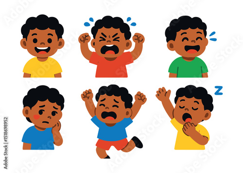 Flat vector icons of child emotions: child smiling, child tantrum, child pouting, child laughing, shy child, crying toddler, excited jump, sleepy child yawn.