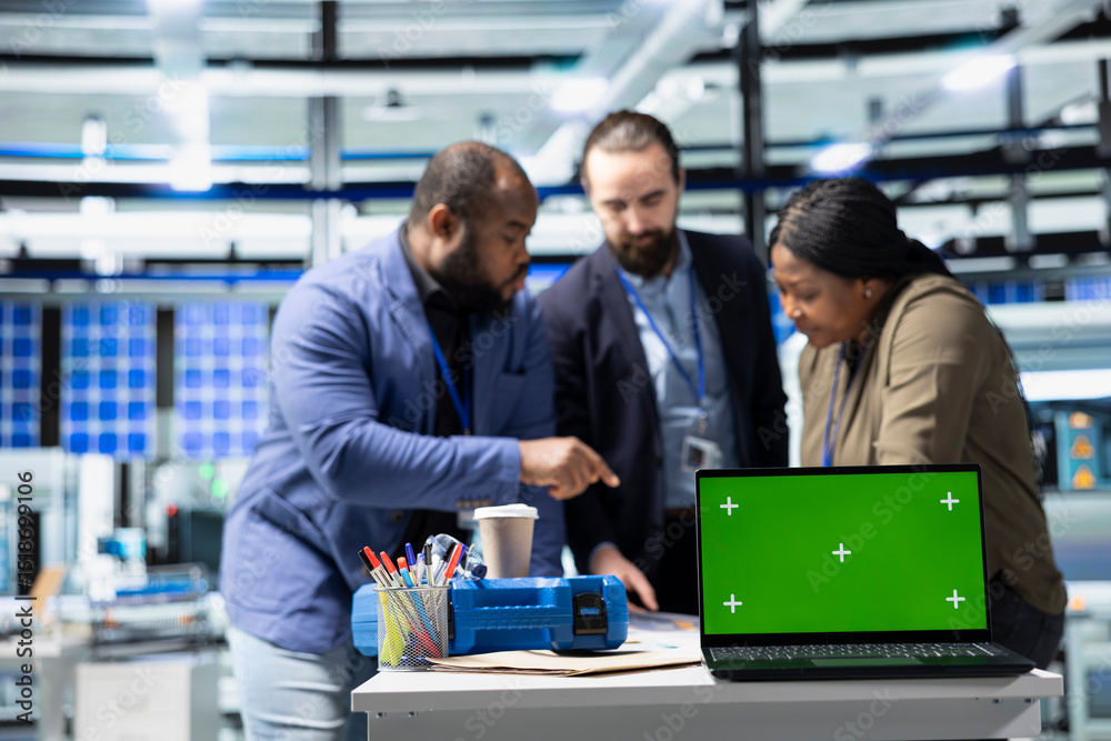Fototapeta premium Coworkers brainstorming solutions with mockup display in solar plant, advancing industrial goals through collaboration and corporate responsibility. Team of engineers share insight.