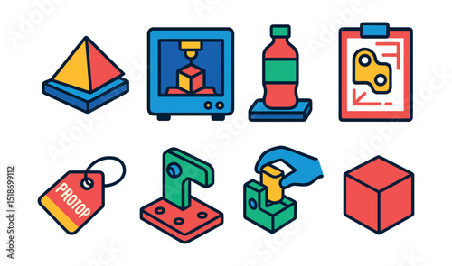 Flat vector icons of engineering prototypes and models: 3D prototype, rapid prototyping machine, product mockup, part sketch, prototype label, trial assembly, test fitting, prototype cube.