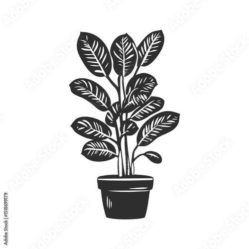 Potted Rubber Plant Silhouette Illustration. Botanical Decor And Indoor Plant Aesthetic Isolated Vector Illustration
