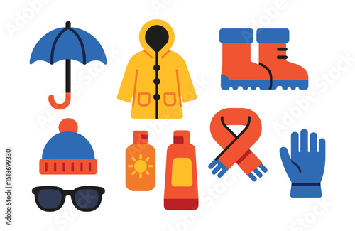 Flat vector icons of weather accessories: umbrella, raincoat, snow boots, winter hat, sunglasses, sunscreen bottle, scarf, gloves.