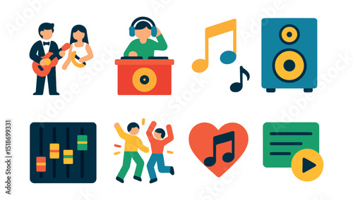 Flat vector icons of music and entertainment: wedding band, DJ booth, music notes, speaker system, sound mixer, dancing guests, love song, playlist icon.