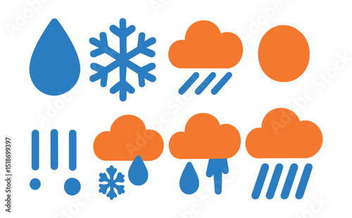 Flat vector icons of precipitation types: raindrop, snowflake, sleet icon, hailstone, drizzle pattern, mixed rain and snow, icy rain, heavy downpour.
