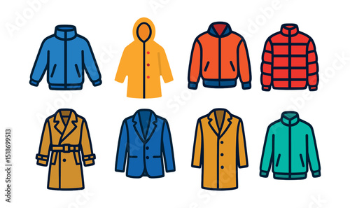 Flat vector icons of outerwear basics: windbreaker, raincoat, bomber jacket, puffer jacket, trench coat, blazer, overcoat, zip-up jacket.