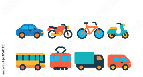 Flat vector icons of land transport: car, motorcycle, bicycle, scooter, bus, tram, truck, van.