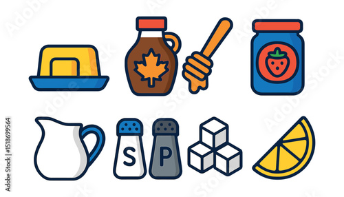 Flat vector icons of breakfast sides and extras: butter dish, maple syrup jar, honey dipper, fruit jam jar, cream pitcher, salt & pepper set, sugar cubes, lemon wedge.