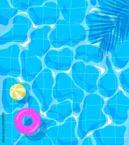 Summer vector background. Pool with blue water, float, ball and palm leaf shadow. Shining turquoise rippled water and Inflatable swimming circle illustration.