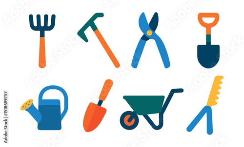Flat vector icons of garden and outdoor tools: hand rake, garden hoe, pruning shears, spade, watering can, soil scoop, wheelbarrow, hedge trimmer.