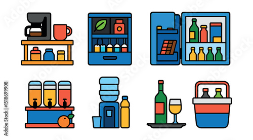 Flat vector icons of beverage stations and setups: coffee station shelf, tea drawer setup, minibar layout, juice bar counter, hydration corner, smoothie prep area, beverage tray, portable drink