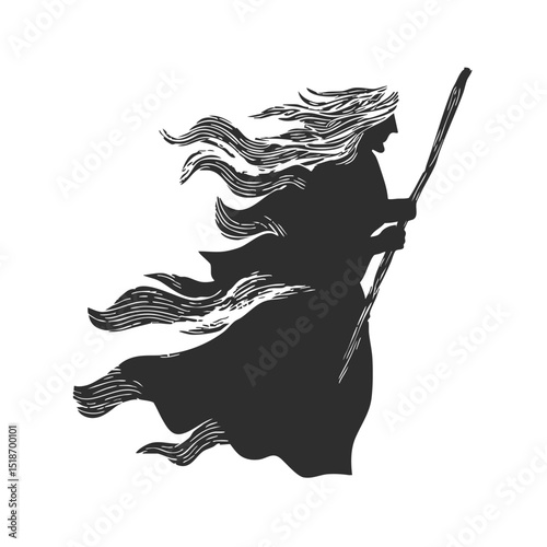 Witch With Flowing Hair And Staff Silhouette Illustration. Mystical And Magical Theme Isolated Vector Illustration
