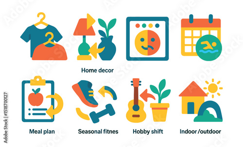 Flat vector icons of seasonal transitions in lifestyle: wardrobe switch, home decor change, seasonal mood tracker, activity calendar, meal plan update, seasonal fitness, hobby shift, indoor/outdoor