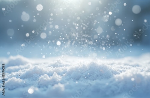 Fresh snow surface. White crystal snowflakes float in air. Winter season nature background. Frost cold ice december January February. Weather, environment. Bokeh effect creates atmospheric, dreamy