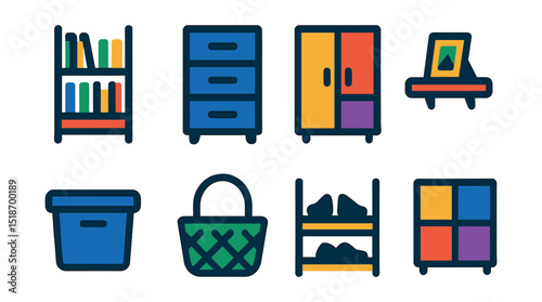 Flat vector icons of storage and organization: bookshelf, drawer unit, closet, wall shelf, storage bin, basket, shoe rack, cube organizer.