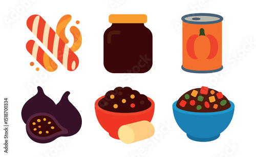 Flat vector icons of holiday baking ingredients: peppermint sticks, candied orange peel, molasses jar, pumpkin purée can, dried figs, mincemeat bowl, marzipan roll, fruitcake mix.