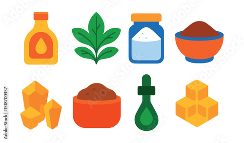 Flat vector icons of sugar alternatives: agave syrup bottle, stevia leaves, powdered erythritol jar, coconut sugar bowl, maple crystals, date paste container, monk fruit extract dropper, honeycomb