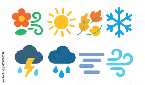 Flat vector icons of seasonal weather symbols: spring blossom wind, summer sun rays, autumn leaves blowing, winter snowflake, summer storm, spring rain, fall fog, winter chill wind.