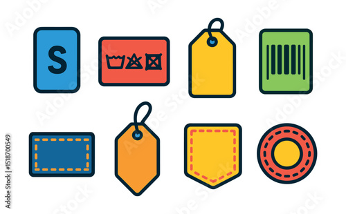 Flat vector icons of clothing tags and labels: size tag, care instruction label, price tag, barcode tag, stitched brand label, hanging paper tag, sewn inner label, logo patch.