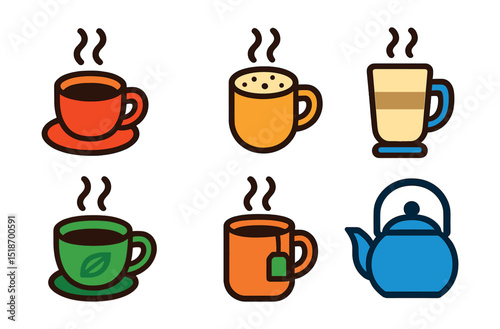 Flat vector icons of hot beverages: coffee cup, espresso shot, cappuccino mug, latte glass, hot chocolate, green tea cup, herbal tea bag, tea kettle.