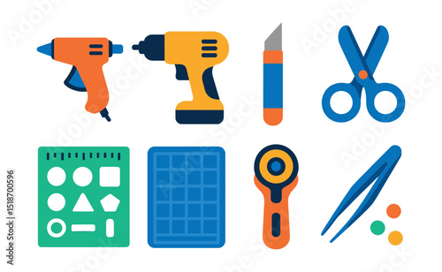 Flat vector icons of DIY hobby tools: mini glue gun, handheld drill, hobby knife, craft scissors, stencil ruler, cutting mat, rotary cutter, tweezers with beads.