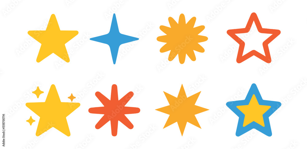 Flat vector icons of stars and star-like shapes: five-pointed star, four-pointed star, starburst, hollow star, glowing star, asterisk shape, sharp-edged star, layered star icon. Flat vector icons of stars and star-like shapes: five-pointed star, four-pointed star, starburst, hollow star, glowing star, asterisk shape, sharp-edged star, layered star icon.