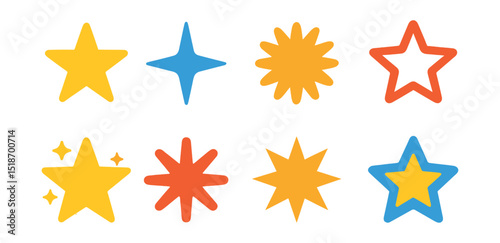 Flat vector icons of stars and star-like shapes: five-pointed star, four-pointed star, starburst, hollow star, glowing star, asterisk shape, sharp-edged star, layered star icon.