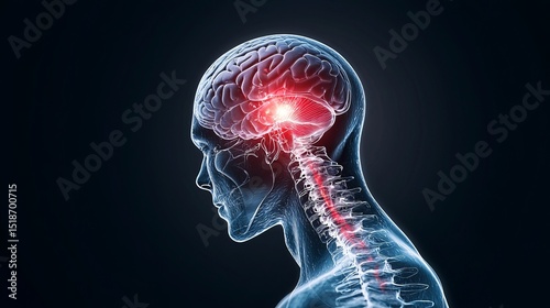 A digital illustration of a human head, showcasing the brain and spine, with bright red highlighting important neural areas.