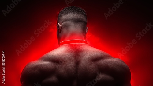A muscular Black male figure stands confidently, showcasing strength and power against a dramatic red backdrop.
