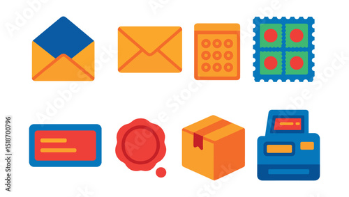 Flat vector icons of envelope and mailing tools: open envelope, sealed envelope, bubble mailer, stamp sheet, address label, wax seal, mailing box, postage meter.