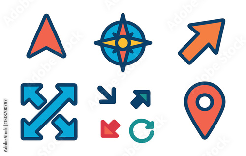Flat vector icons of directional shapes: north arrow, south arrow, compass rose, diagonal pointer, expand arrows, inward arrows, circular rotation symbol, waypoint marker.