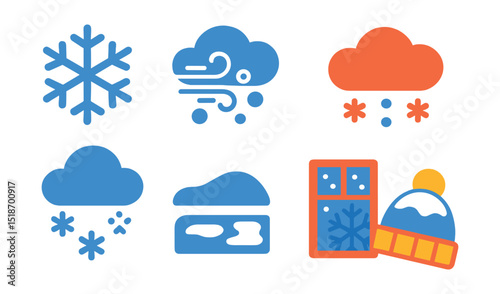 Flat vector icons of snowy conditions: snowflake, snowstorm, snowfall, snow-covered cloud, snowdrift, icy ground, frosted window, winter hat in snow.