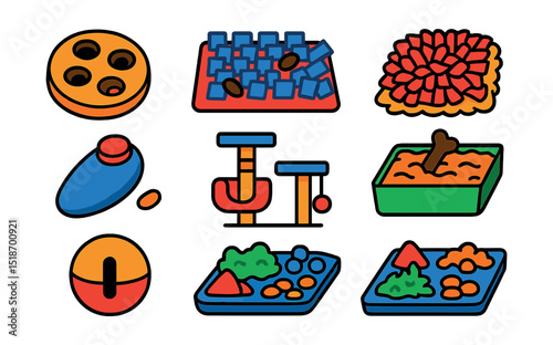 Flat vector icons of pet enrichment items: treat puzzle toy, scent mat, training treat dispenser, snuffle mat, climbing frame, dig box, interactive ball, foraging tray.