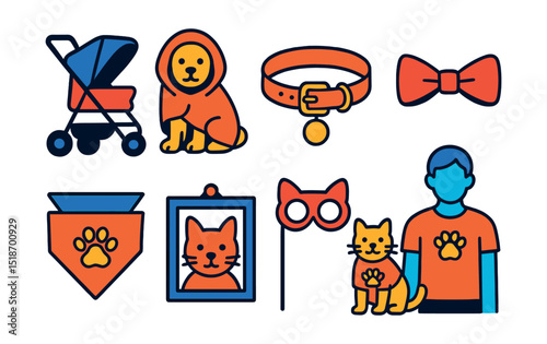 Flat vector icons of pet lifestyle accessories: pet stroller, pet blanket hoodie, luxury collar, decorative bowtie, birthday bandana, pet portrait frame, photo props, matching owner-pet outfits.