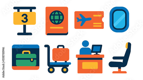 Flat vector icons of air travel essentials: boarding gate, passport, flight ticket, airplane window, overhead luggage, airport luggage cart, check-in counter, airplane seat.