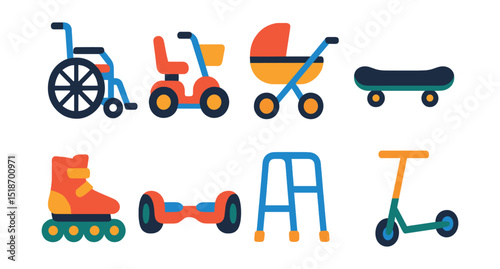Flat vector icons of mobility devices: wheelchair, mobility scooter, stroller, skateboard, rollerblades, hoverboard, walker frame, foldable scooter.