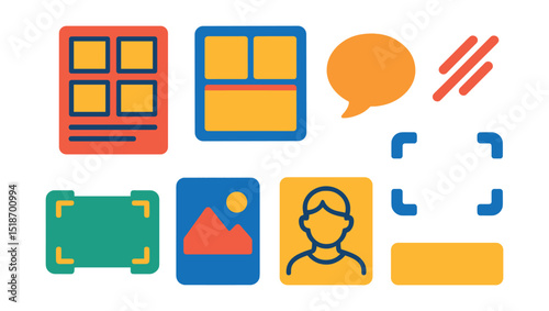 Flat vector icons of visual storytelling elements: storyboard, comic panel, speech bubble, motion line, camera frame, scene thumbnail, character sketch, caption bar.