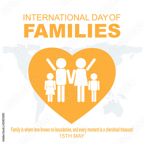 International Families day. 15th May International Families day celebration cove banner with Family of four: Mother, father, son, daughter. Embracing Diversity, Strengthening Families awareness banner