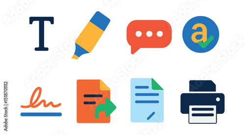 Flat vector icons of document editing and writing tools: text cursor, highlight pen, comment bubble, grammar checker icon, signature line, track changes symbol, document merge, print preview.