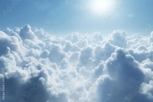 A dreamy sky-blue cloudscape with fluffy white clouds softly illuminated by the sun.