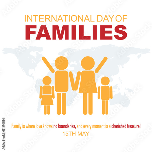 International Families day. 15th May International Families day celebration cove banner with Family of four: Mother, father, son, daughter. Embracing Diversity, Strengthening Families awareness banner