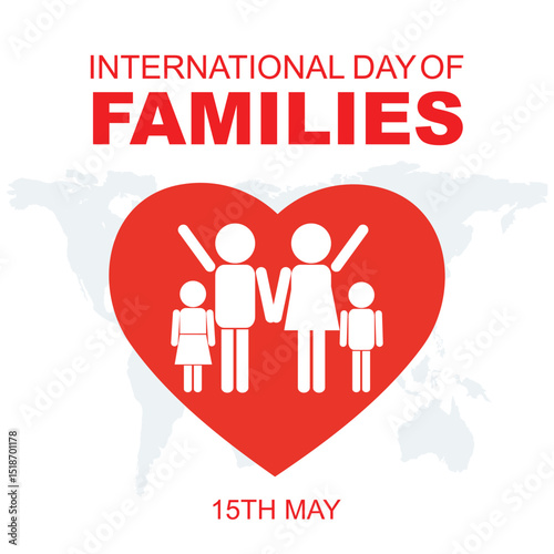 International Families day. 15th May International Families day celebration cove banner with Family of four: Mother, father, son, daughter. Embracing Diversity, Strengthening Families awareness banner
